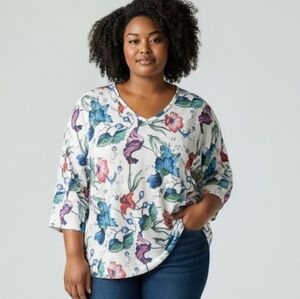 Ulla Popken Floral Top Tunic 3/4 Sleeves Spring Summer Colorful Easter 16/18